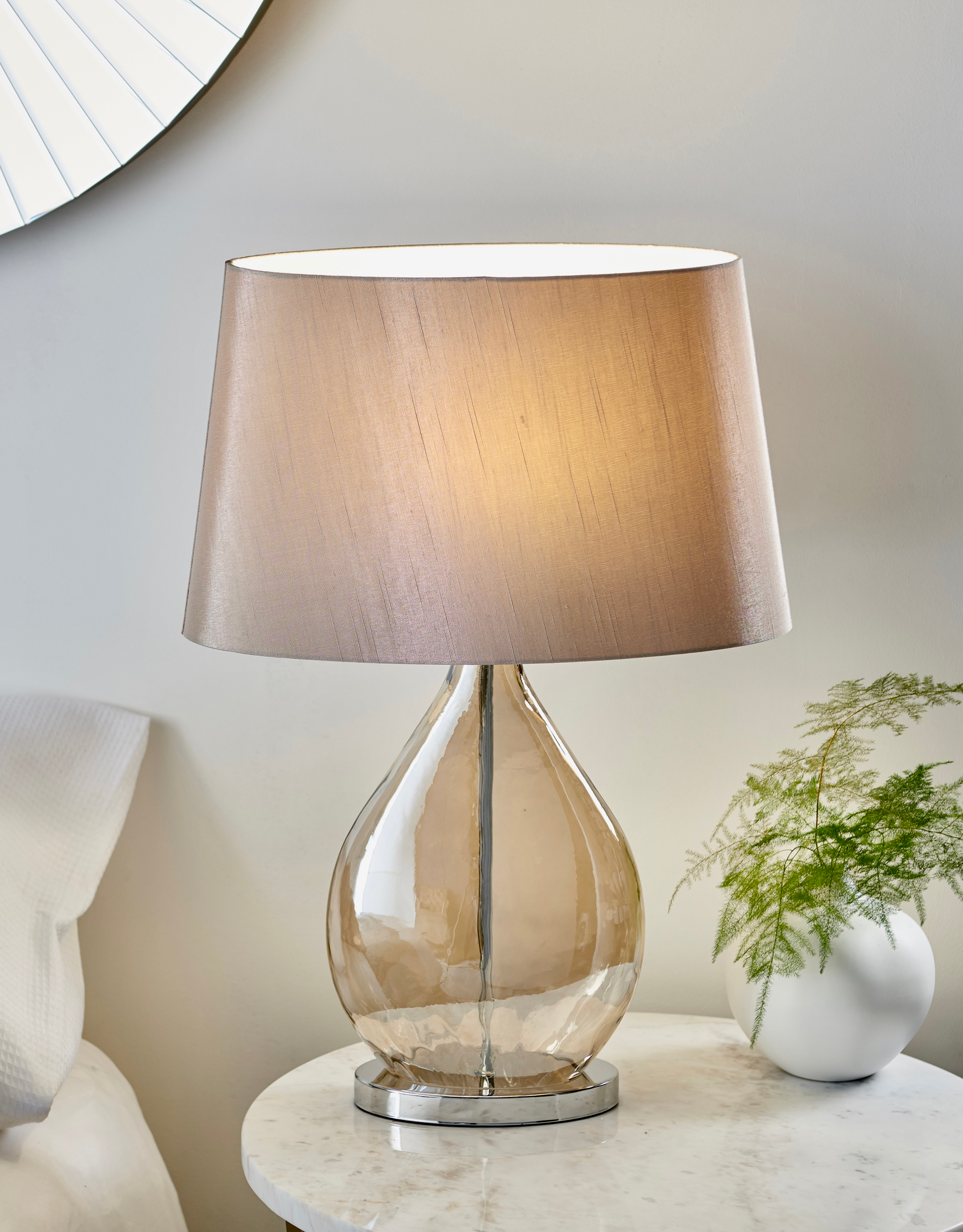 glass table lamp with linen shade