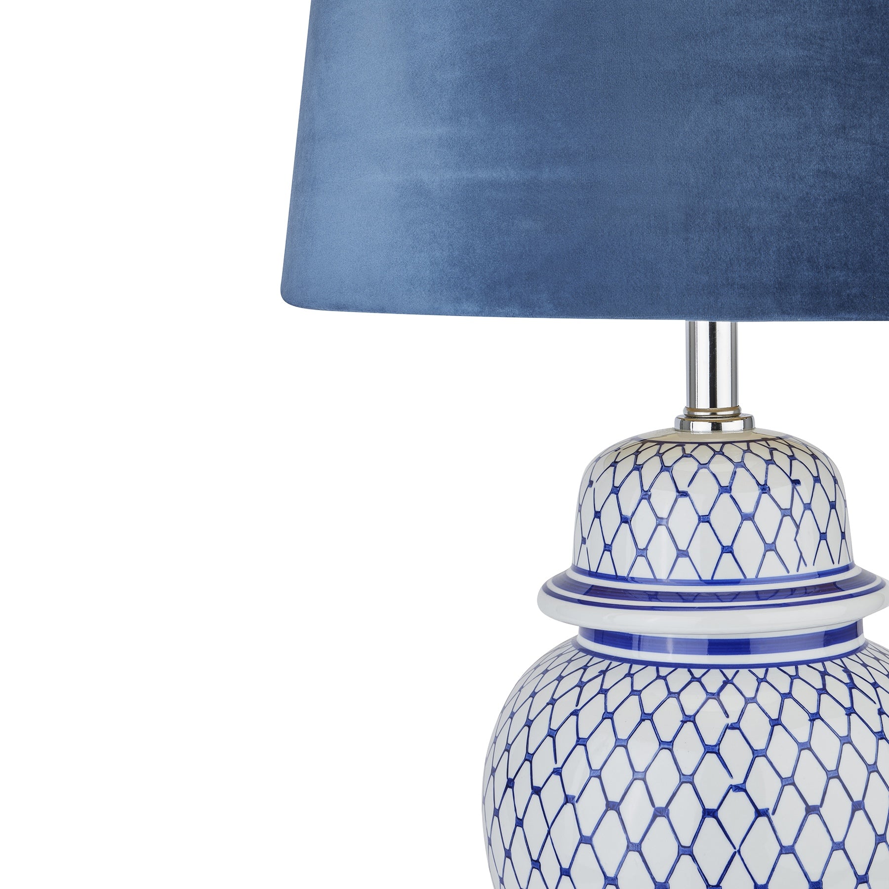 Hills Interiors Malabar Blue And White Ceramic Lamp With Blue Velvet Shade