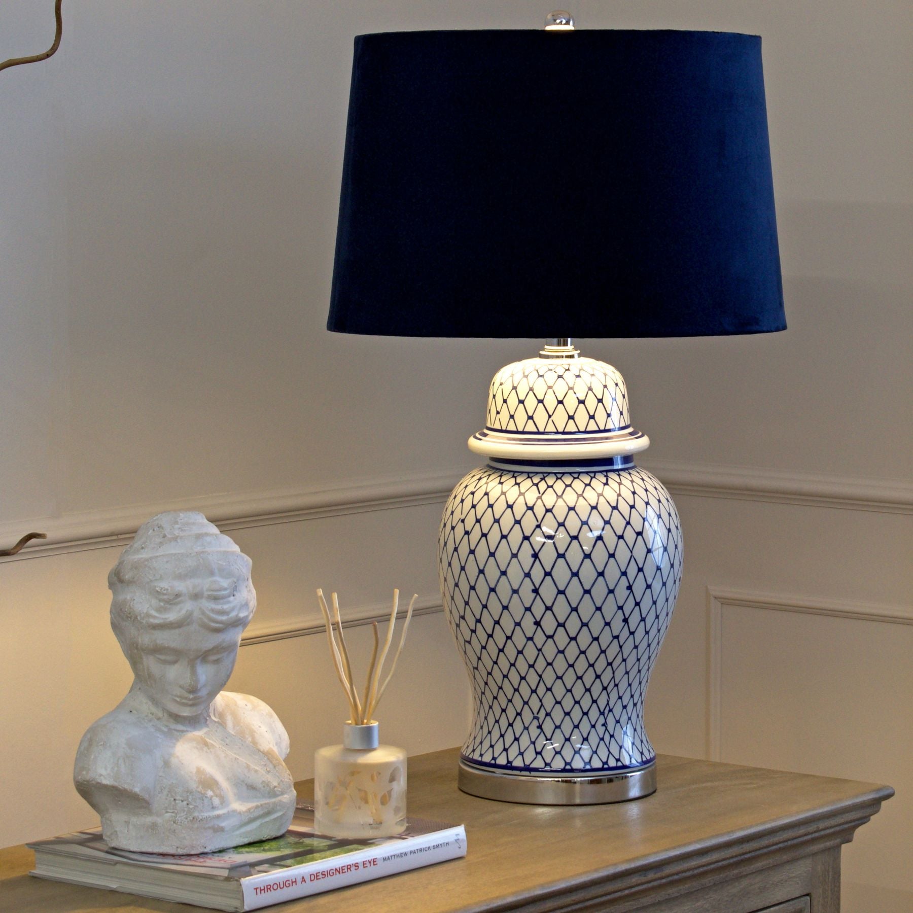 Hills Interiors Malabar Blue And White Ceramic Lamp With Blue Velvet Shade