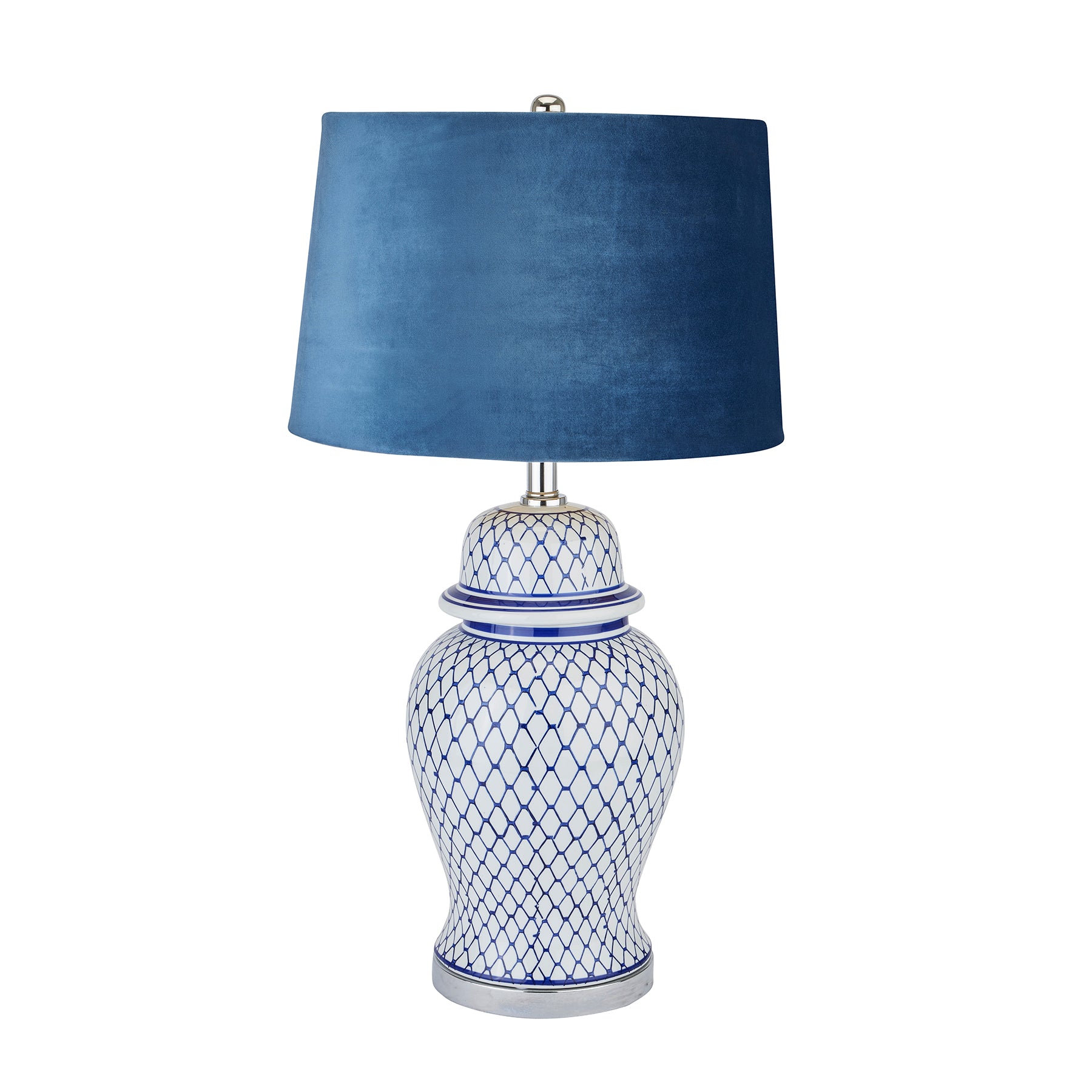 Hills Interiors Malabar Blue And White Ceramic Lamp With Blue Velvet Shade