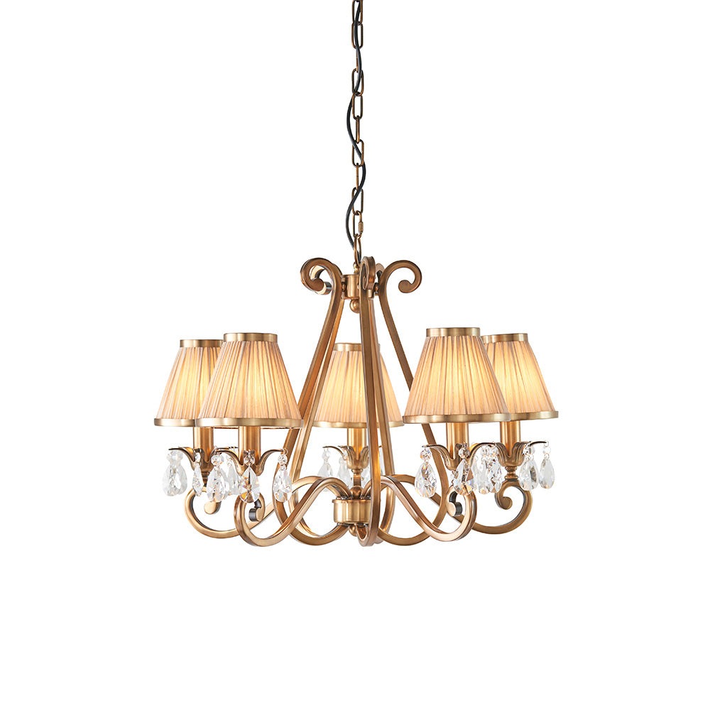 Oksana antique brass 5lt pendant with beige shades