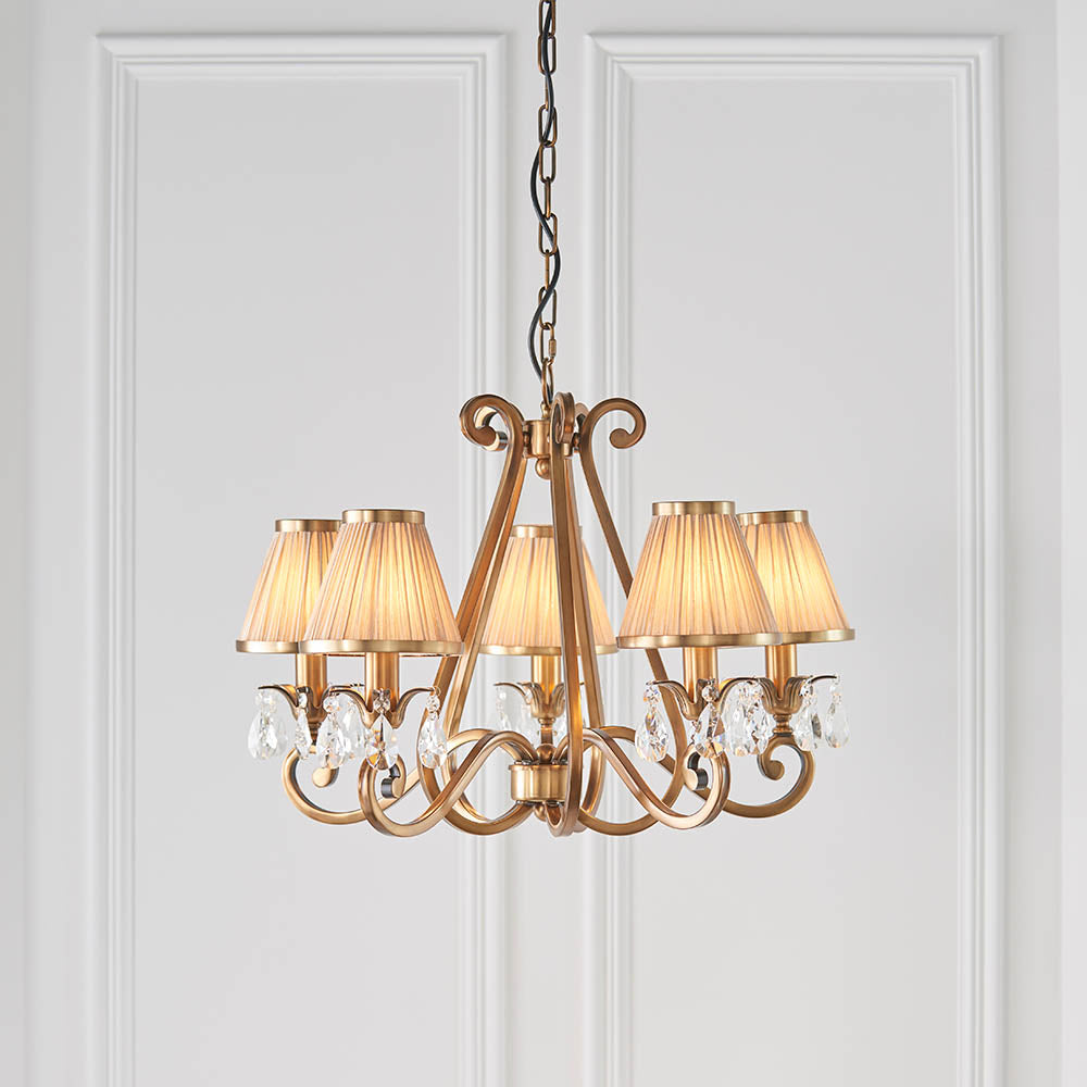 Oksana antique brass 5lt pendant & beige shades