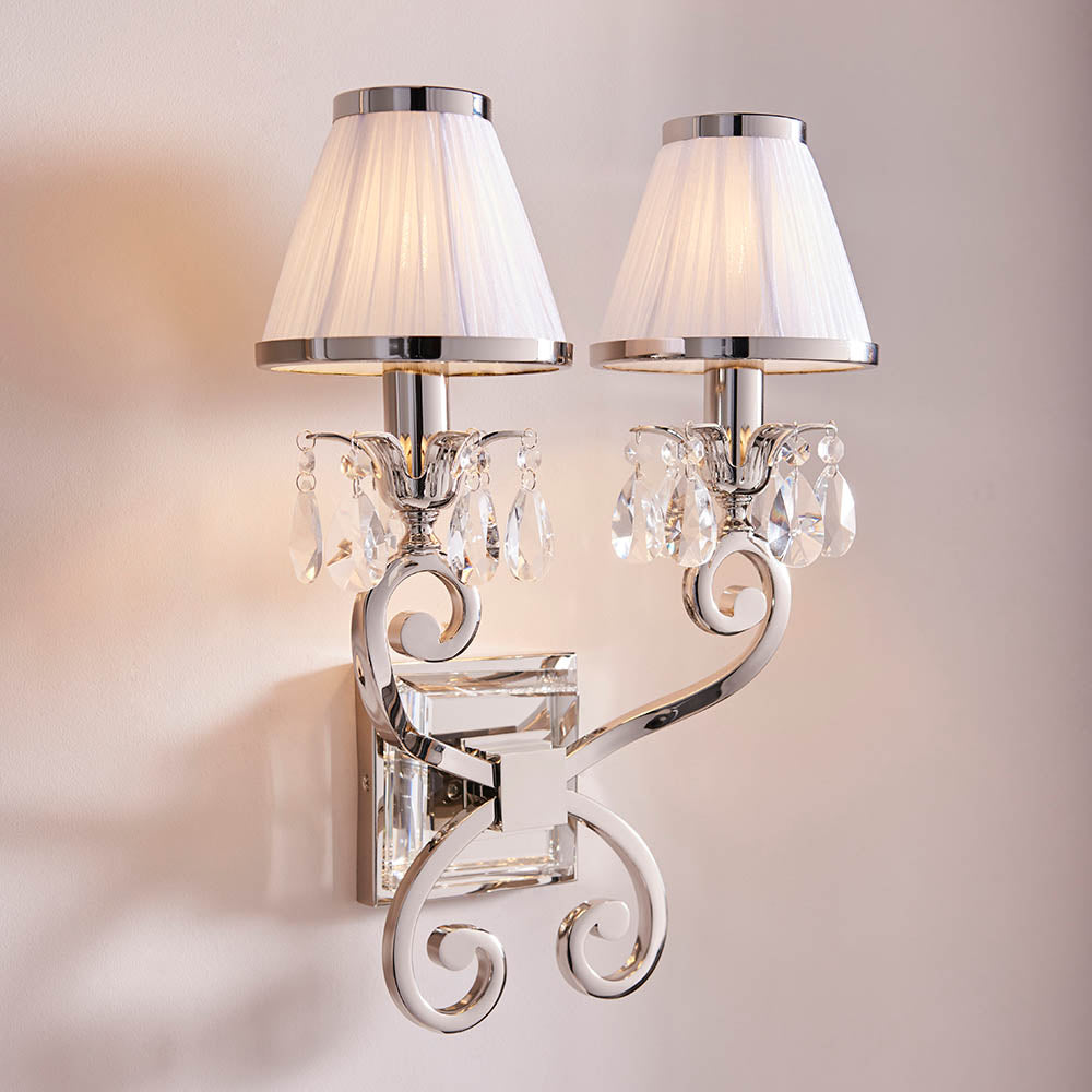 Oksana nickel Twin wall light with white shades