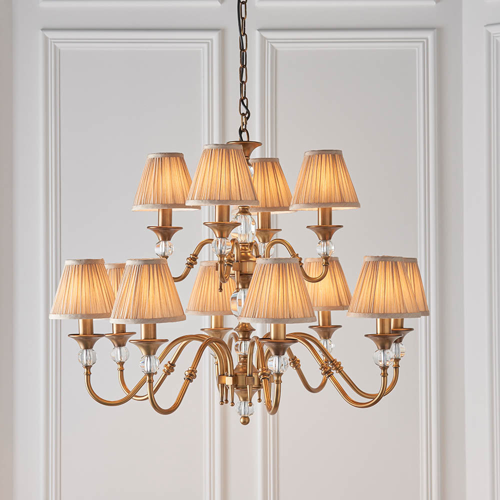 Polina antique brass 12lt Chandelier with beige shades