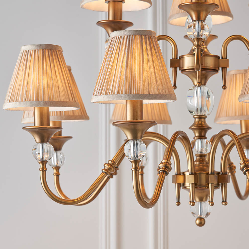 Polina antique brass 12lt Chandelier with beige shades