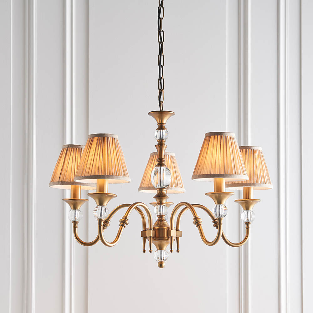 Polina Antique Brass 5lt Chandelier with Beige Shades