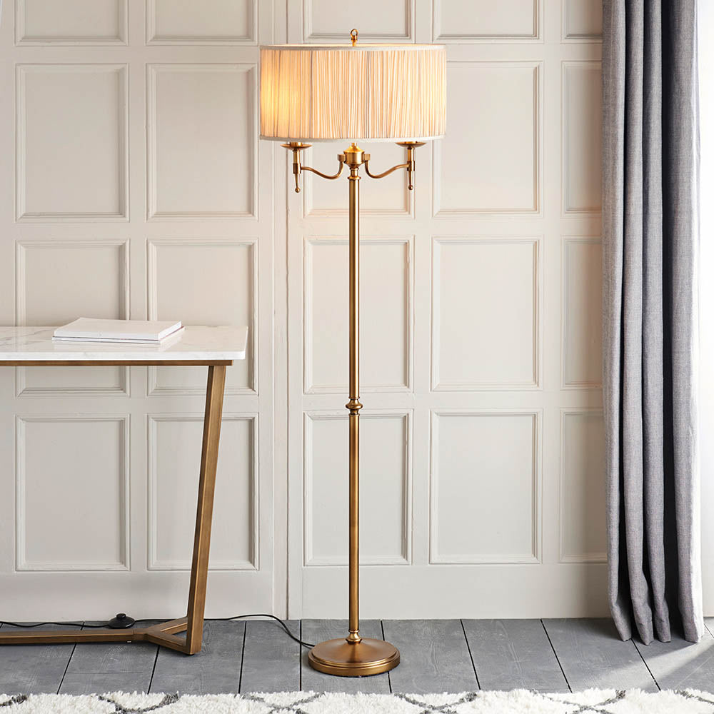 Antique Brass Twin Floor Lamp with Beige Shade | House of Dekkor