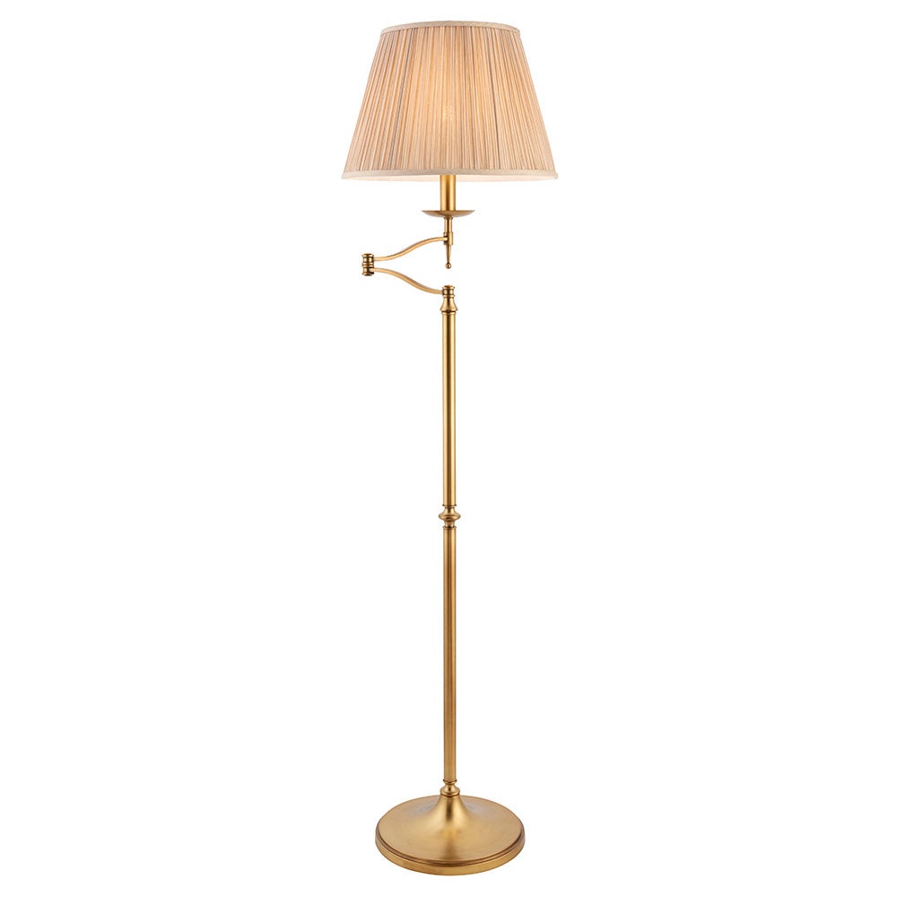  Antique Brass Swing Arm floor Lamp with Beige Shade | House of Dekkor