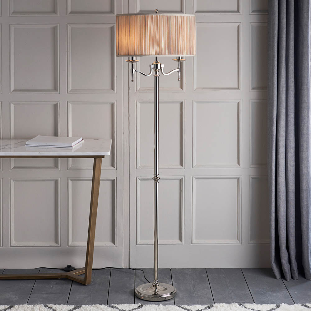 Traditional Nickel Twin Floor Lamp with Beige Shade | House of Dekkor