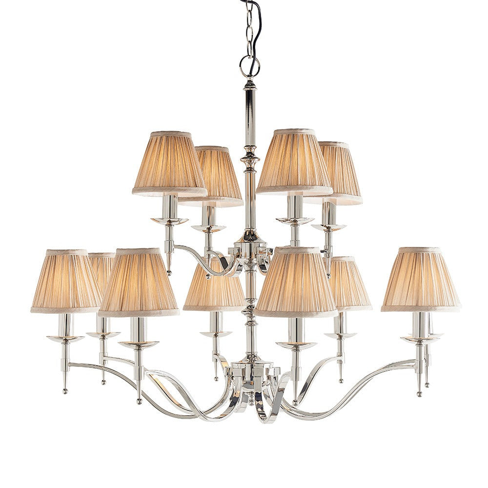 Stanford Nickel 12lt Chandelier with Beige Shades