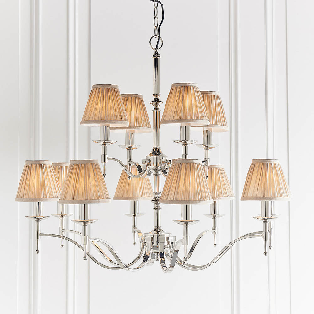 Stanford Nickel 12lt Chandelier with Beige Shades