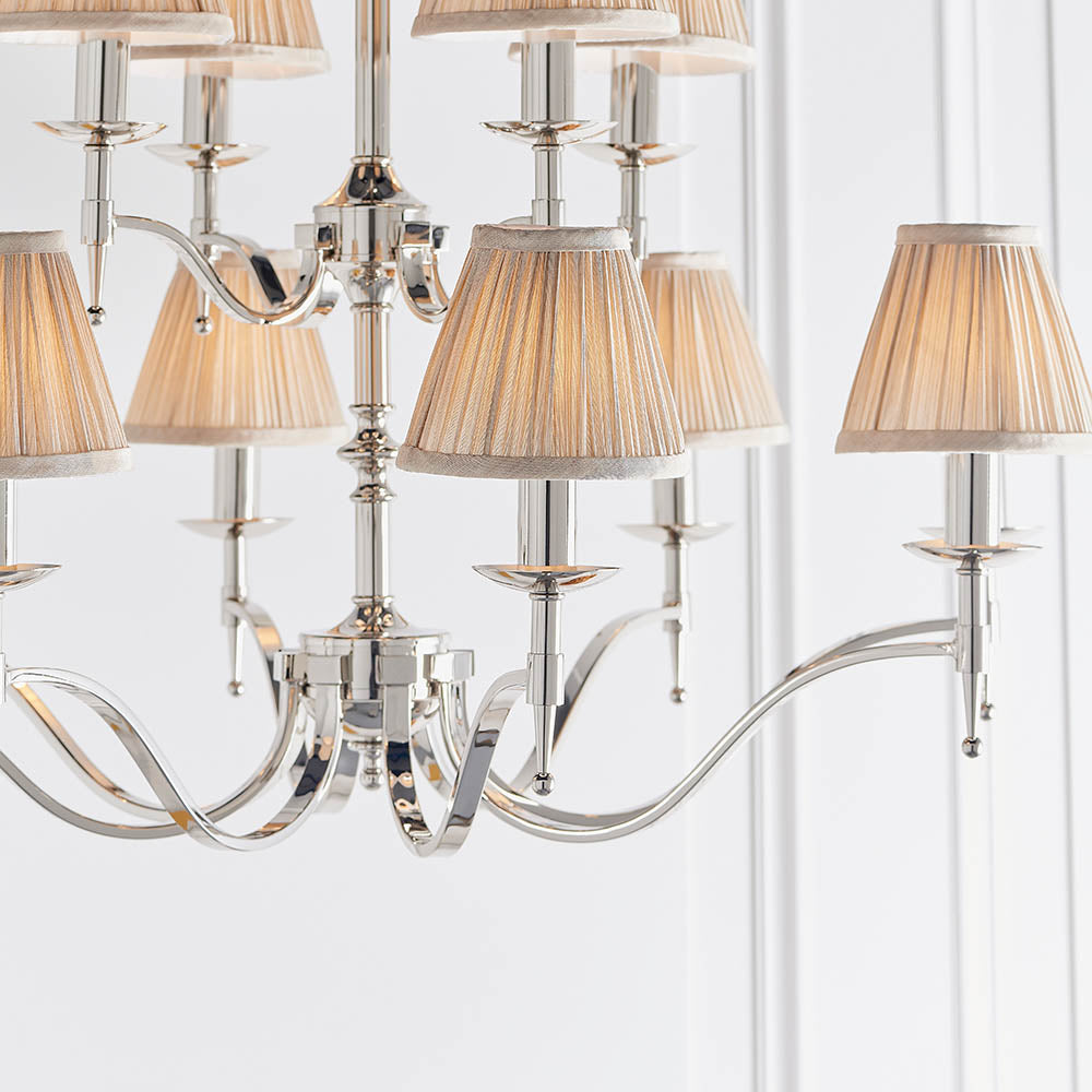 Stanford Nickel 12lt Chandelier with Beige Shades