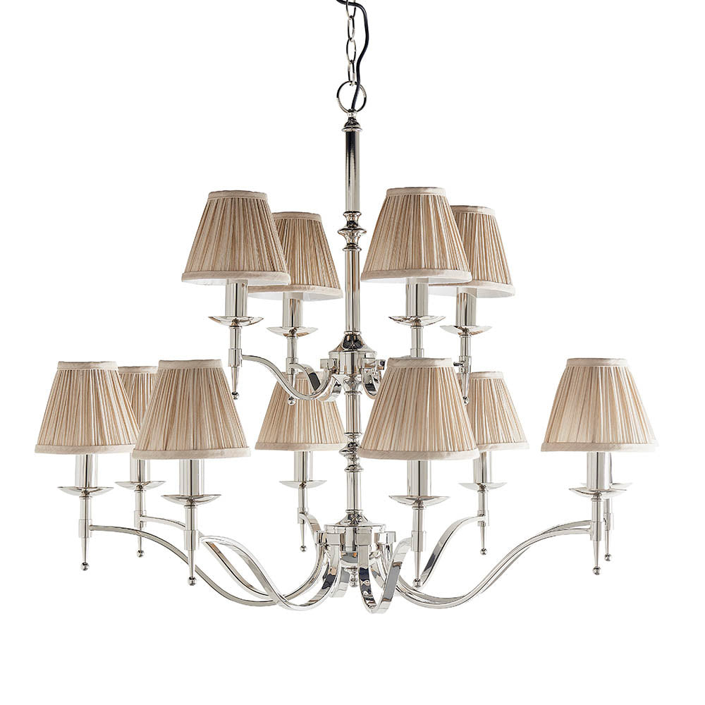 Stanford Nickel 12lt Chandelier with Beige Shades