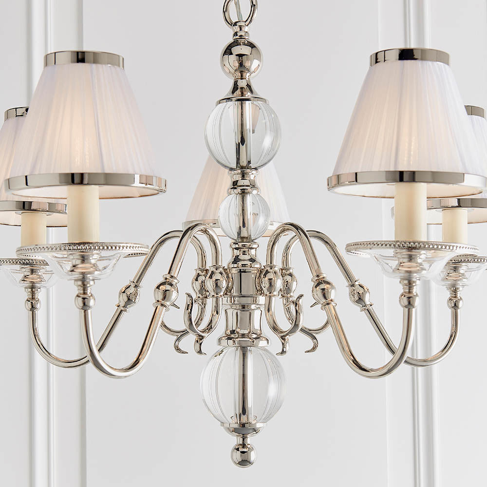 Classic Nickel 5lt Multi Arm Chandelier with White Shades