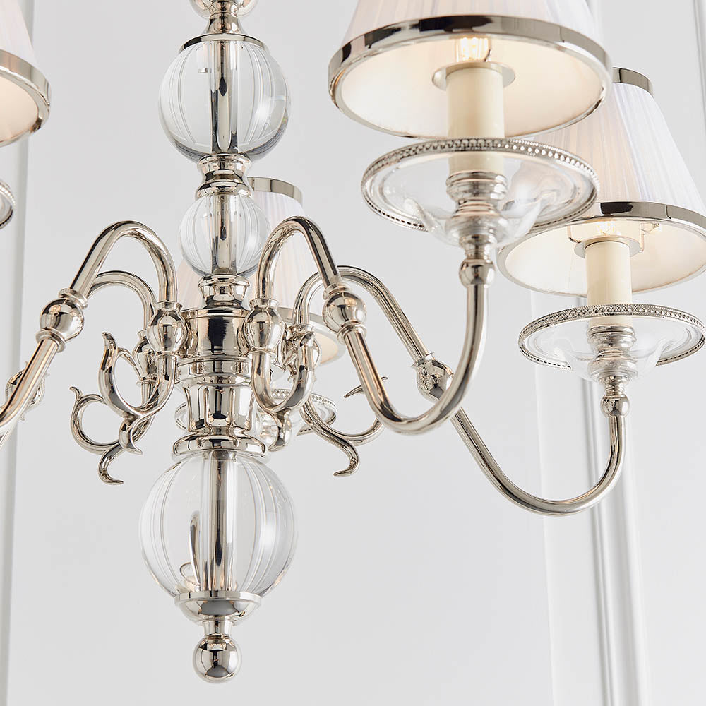 Classic Nickel 5lt Multi Arm Chandelier with White Shades | House of Dekkor