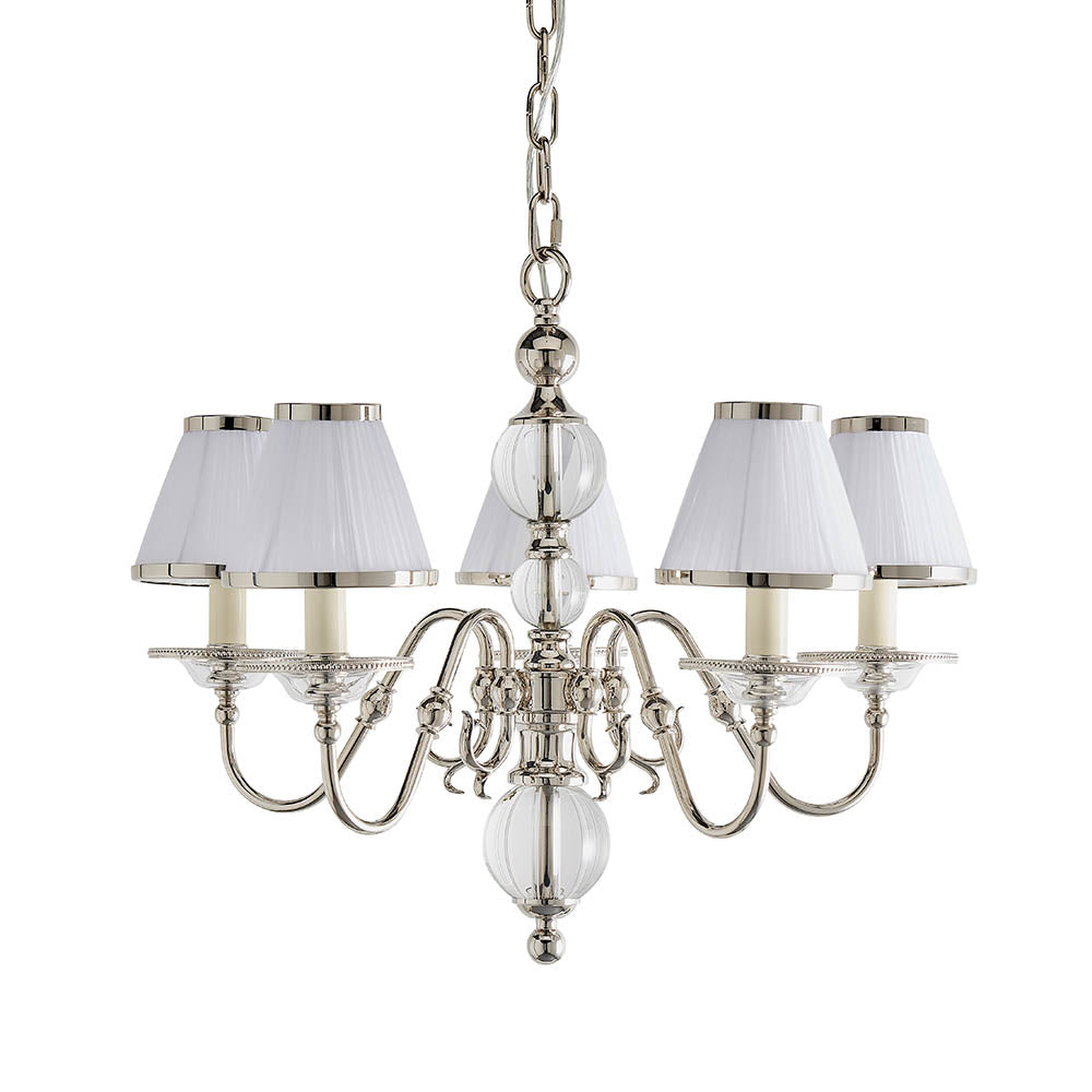 Classic Nickel 5lt Multi Arm Chandelier with White Shades | House of Dekkor