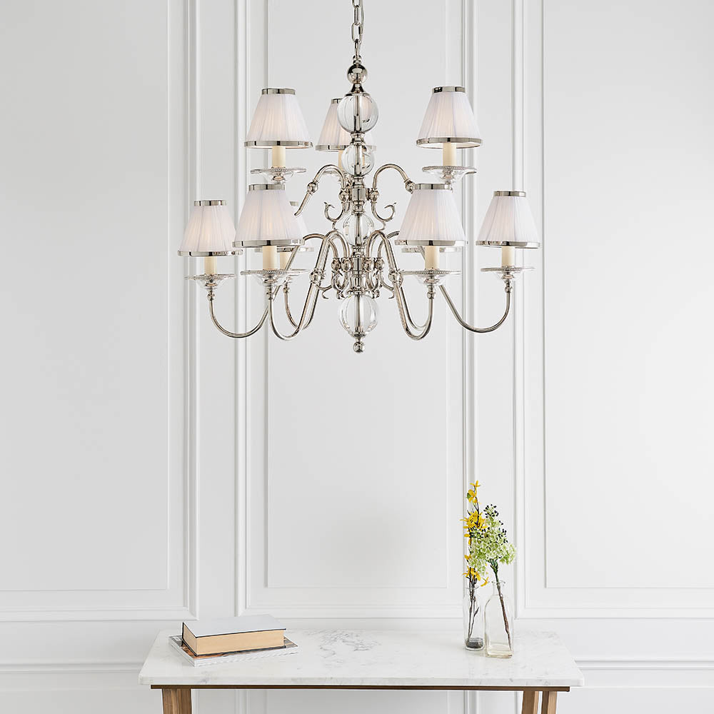 Flemish Tilburg Nickel 9lt Chandelier with White Shades