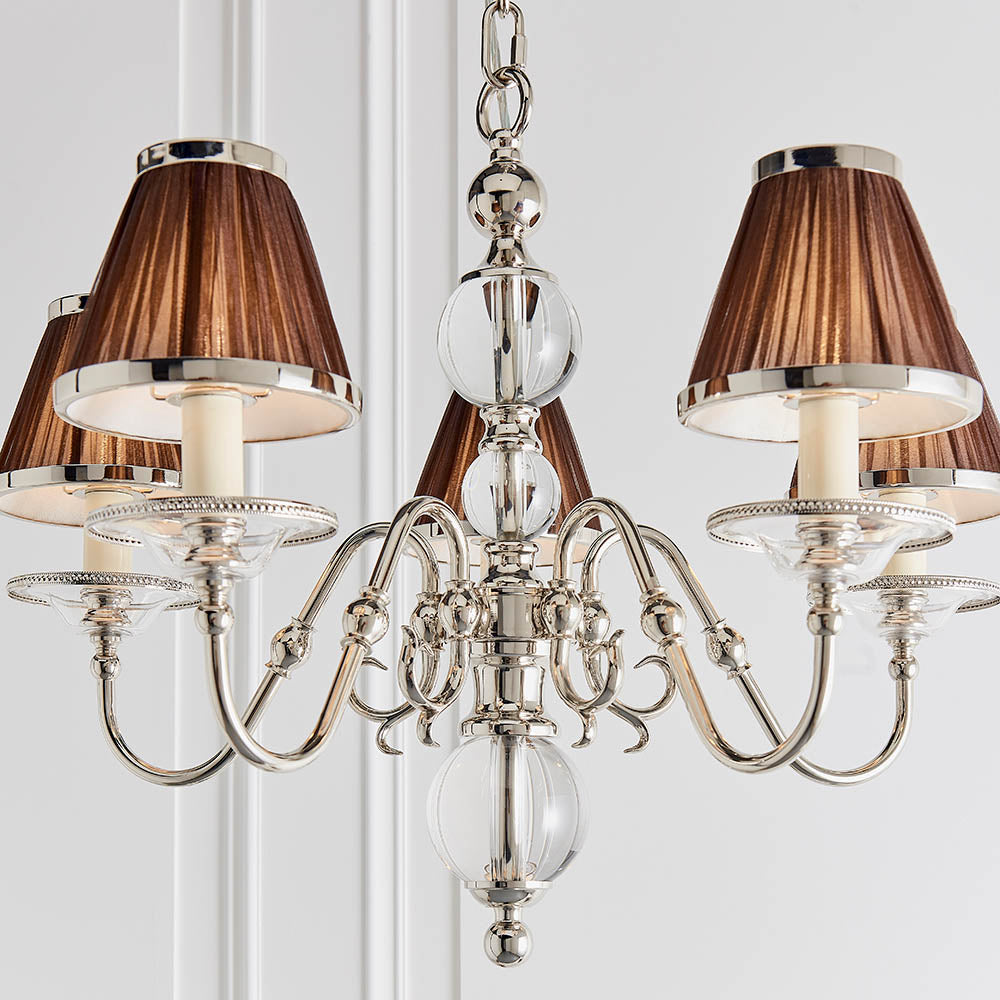 Dutch Nickel 5lt Multi ArmChandelier with Chocolate Shades | House of Dekkor