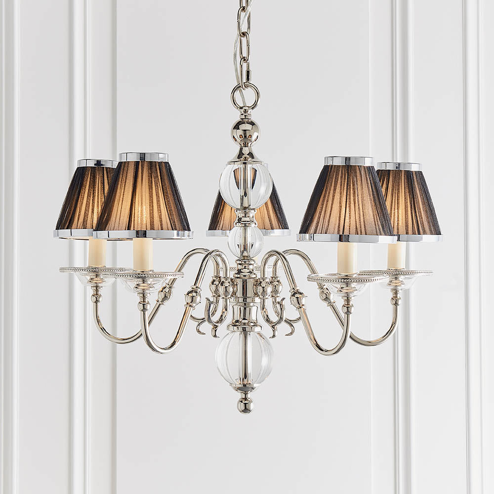 Classic Nickel 5lt Multi Arm Chandelier with Black Shades | House of Dekkor