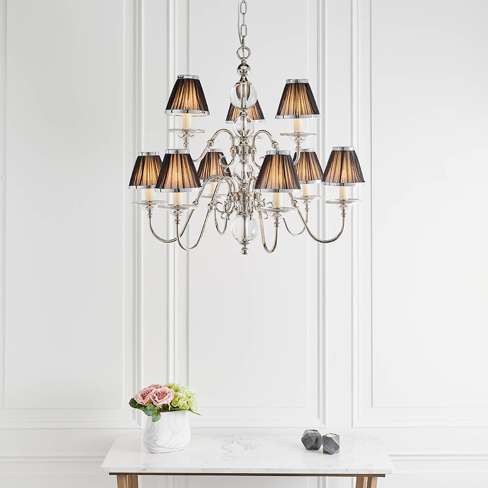 Dutch Nickel 9lt Multi Arm Chandelier with Black Shades | House of Dekkor