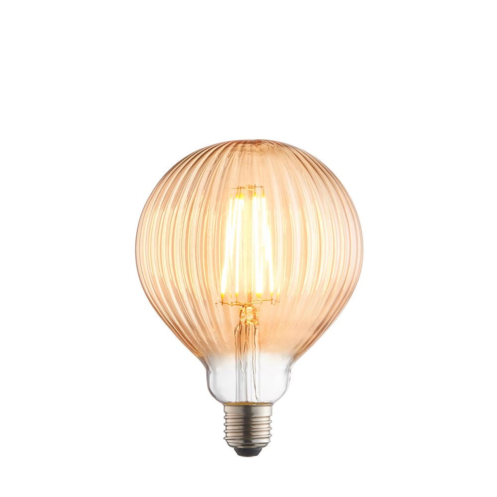 Amber Tinted Glass Ribbed Globe 4W E27 LED Filament 125mm Dia Light Bulb | House of Dekkor