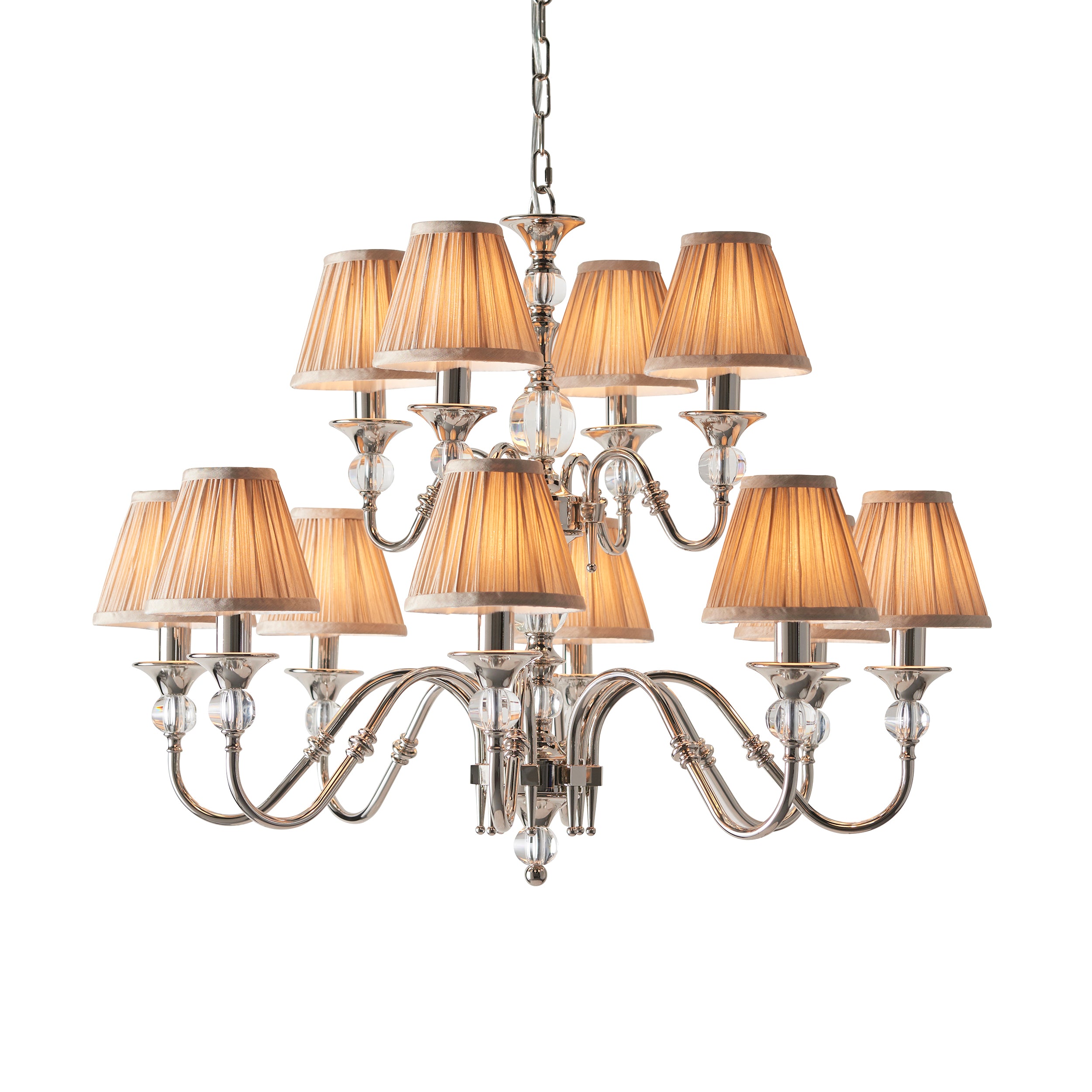 Polina polished nickel 12lt Chandelier with beige shades | House of Dekkor