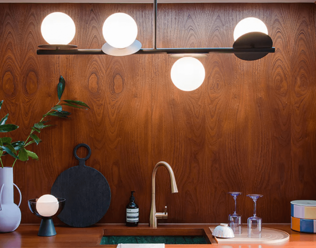 Kitchen with opal ceiling pendant light 