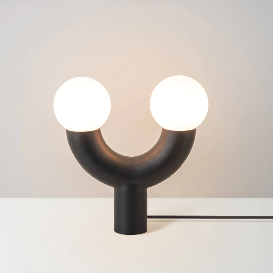 Charcoal grey tube table lamp with opal globes 
